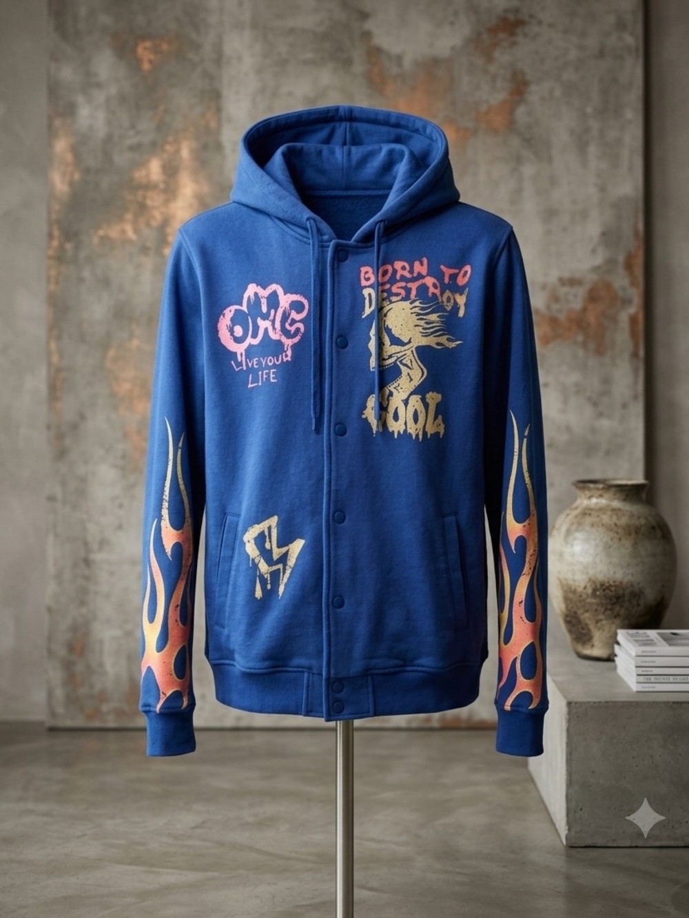 Men's Blue Graphic Hooded Shirt Jacket with Flame Sleeves